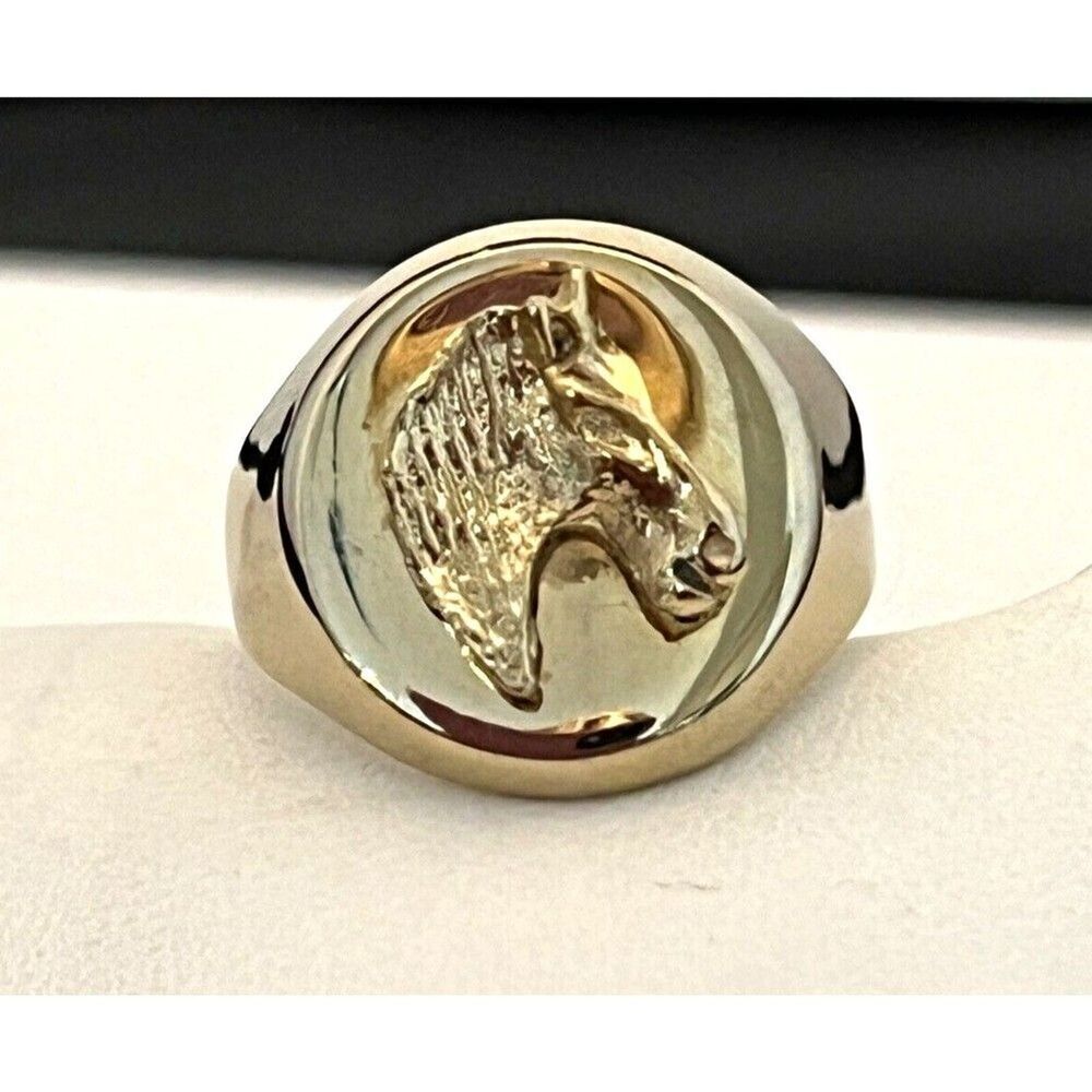 Vintage 1980s Horse Head Signet Ring Gold Tone Adjustable Equestrian - 2D - Picture 5 of 7